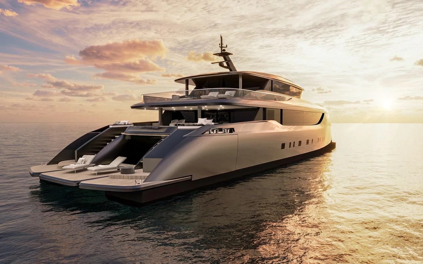 A sleek, modern yacht glides on calm waters at sunset, showcasing its luxurious design and expansive deck space. aboard 40M SUNREEF EXPLORER ECO Yacht for Sale
