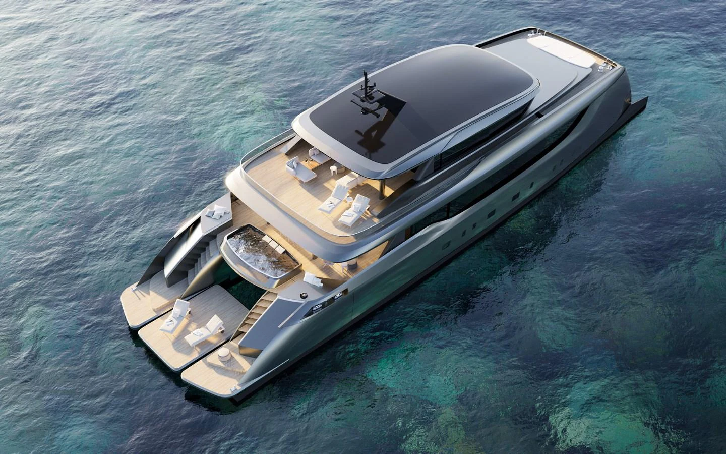 A sleek and modern yacht with multiple decks and luxurious lounging areas, cruising on clear waters. aboard 40M SUNREEF EXPLORER ECO Yacht for Sale
