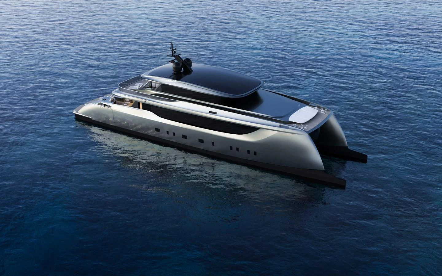 A sleek, modern yacht glides gracefully on calm waters, showcasing its elegant design and luxurious features. aboard 40M SUNREEF EXPLORER ECO Yacht for Sale