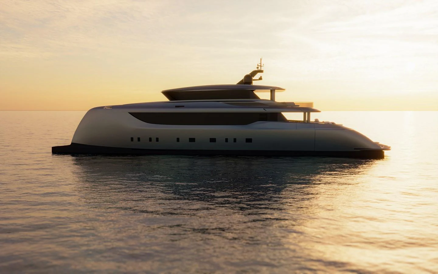 A sleek and modern yacht glides gracefully on calm waters at sunset. aboard 40M SUNREEF EXPLORER ECO Yacht for Sale