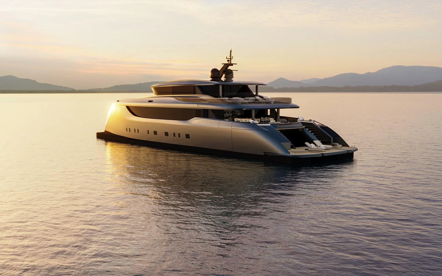 A sleek and modern yacht glides gracefully on calm waters during a serene sunset. aboard 40M SUNREEF EXPLORER ECO Yacht for Sale