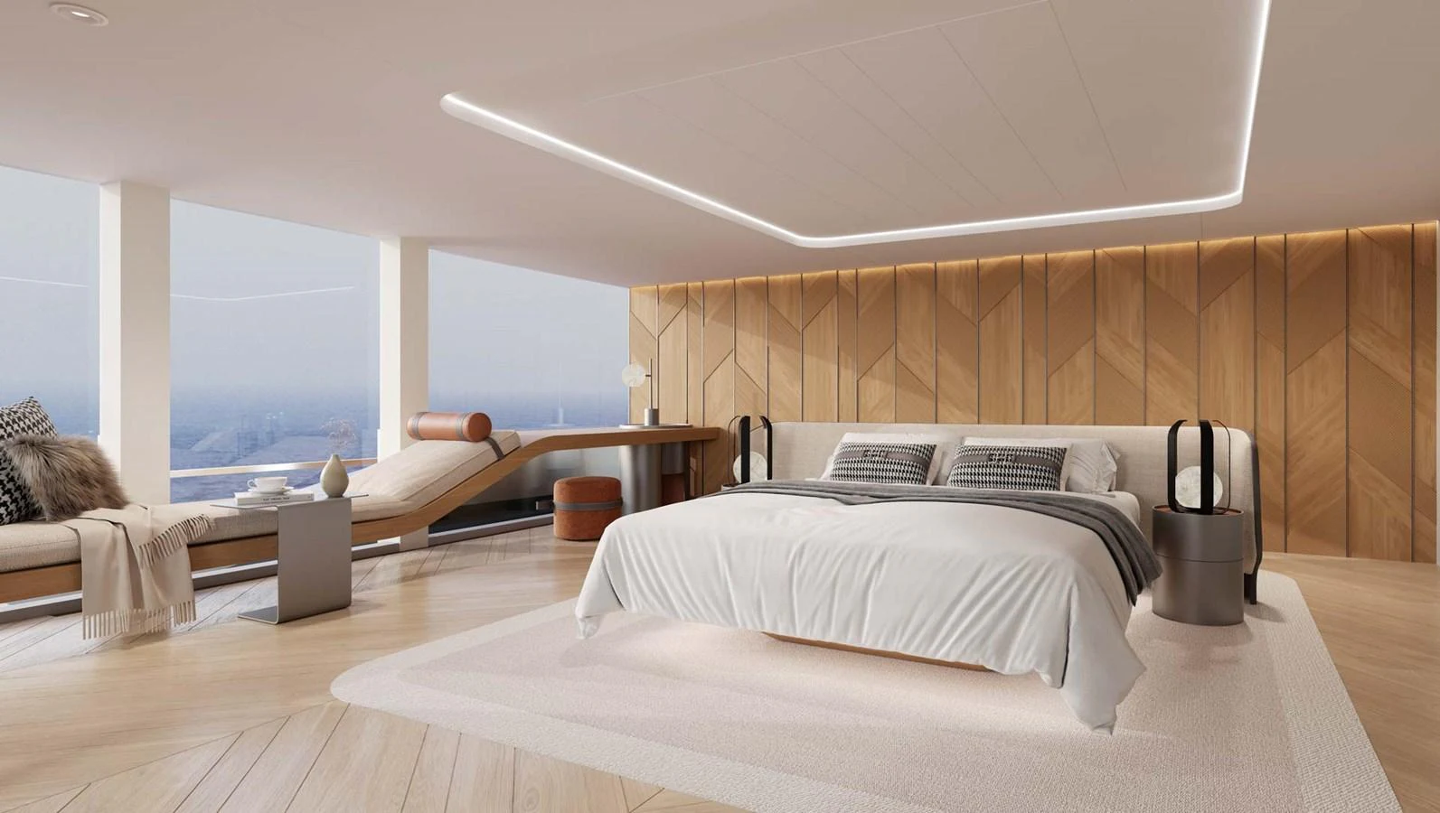 The master stateroom features a spacious layout with modern furnishings and panoramic views. aboard 40M SUNREEF EXPLORER ECO Yacht for Sale