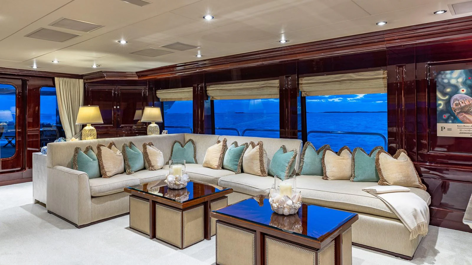 a living room with a large window aboard LADY JOY Yacht for Sale