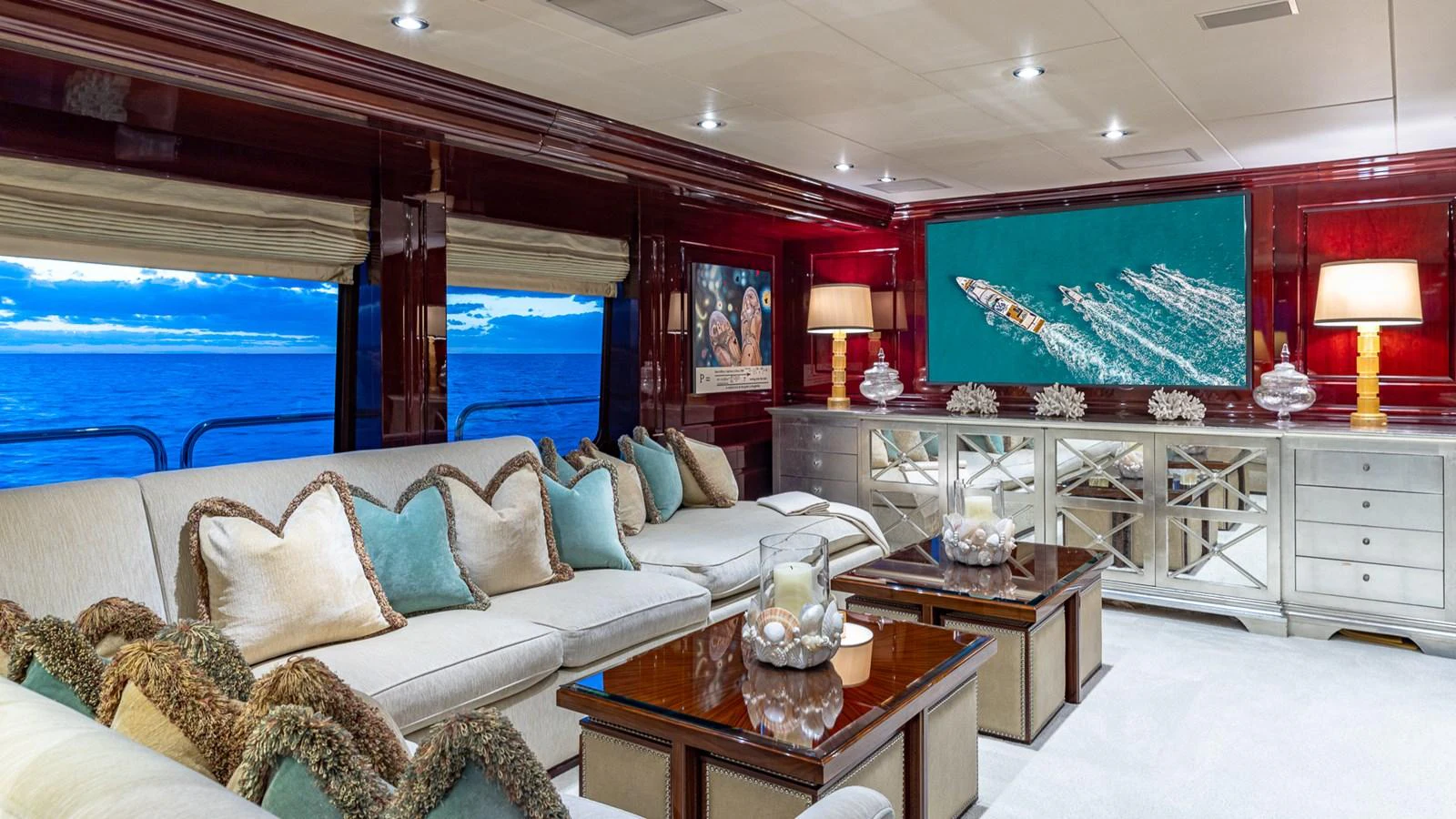 a living room with a large window aboard LADY JOY Yacht for Sale