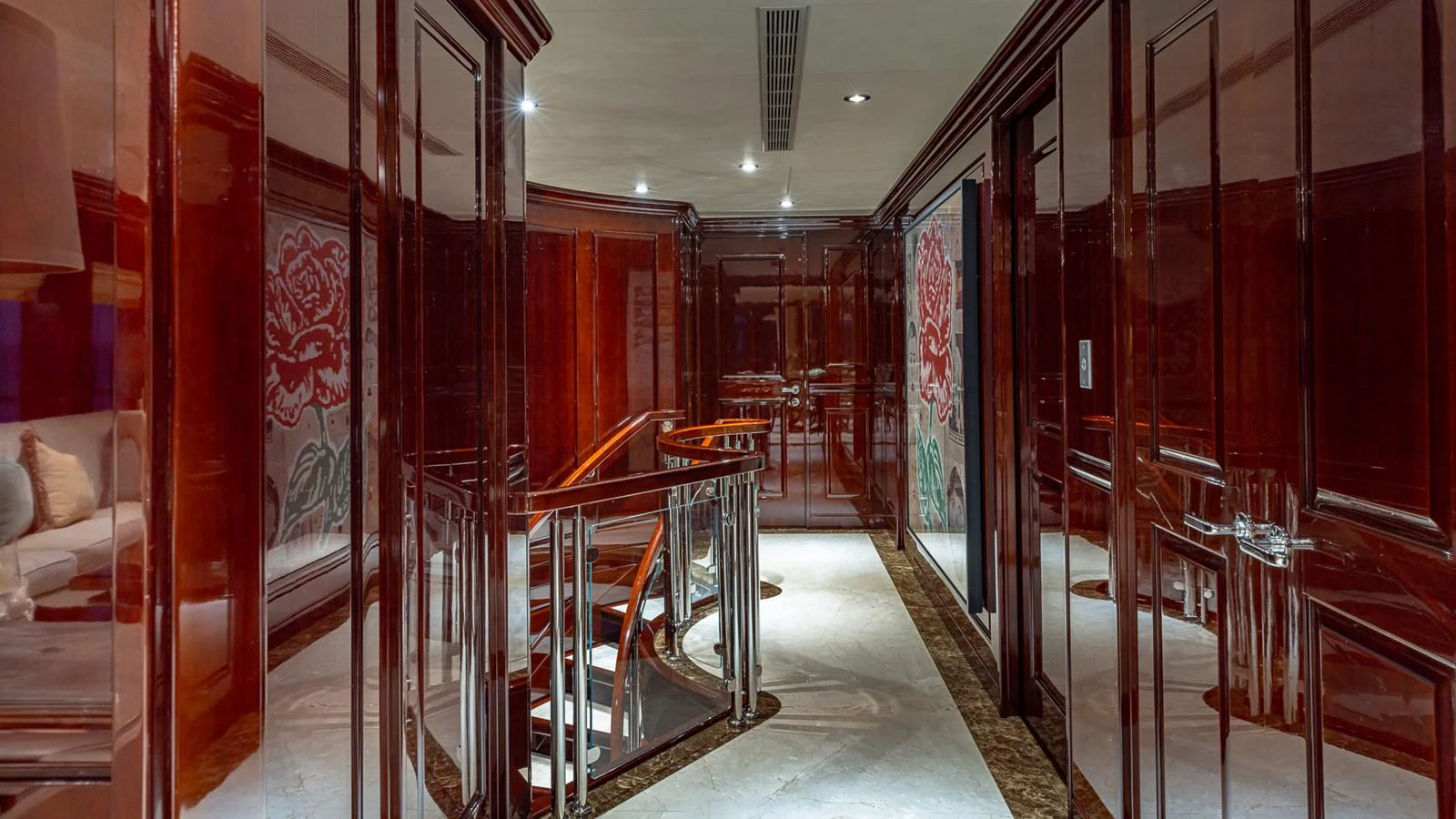 a room with a glass wall aboard LADY JOY Yacht for Sale