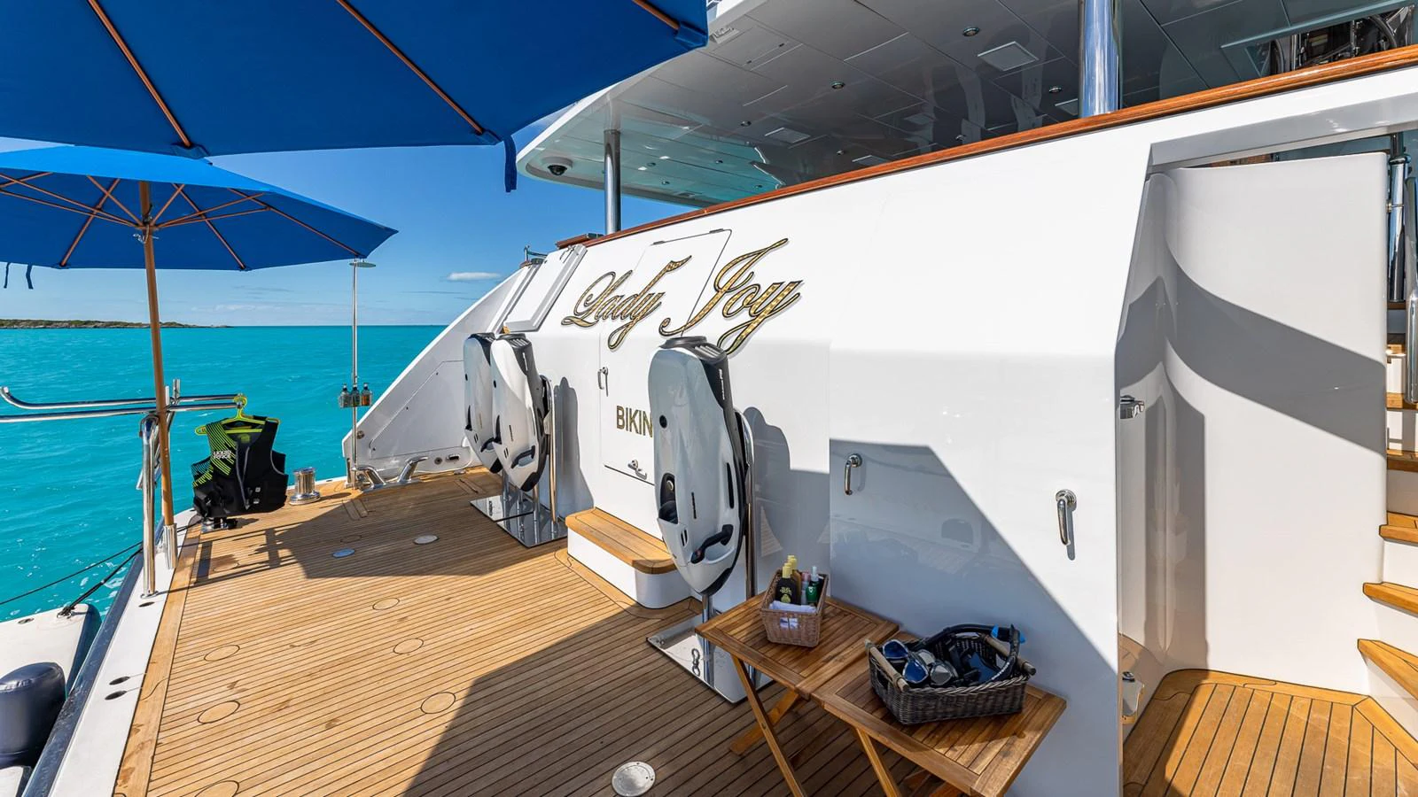 a boat on a deck aboard LADY JOY Yacht for Sale