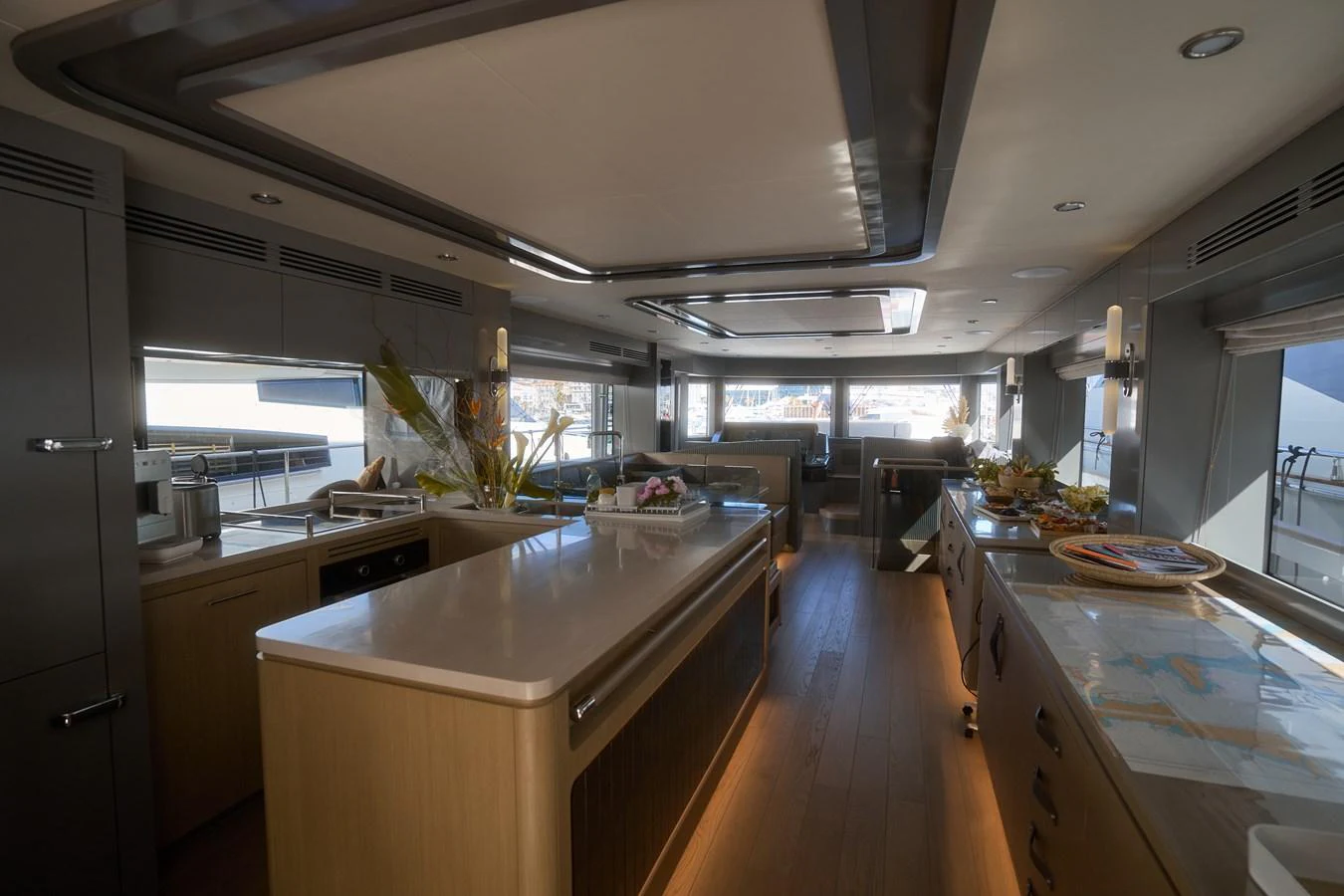 a kitchen with a large island aboard ARGA Yacht for Sale