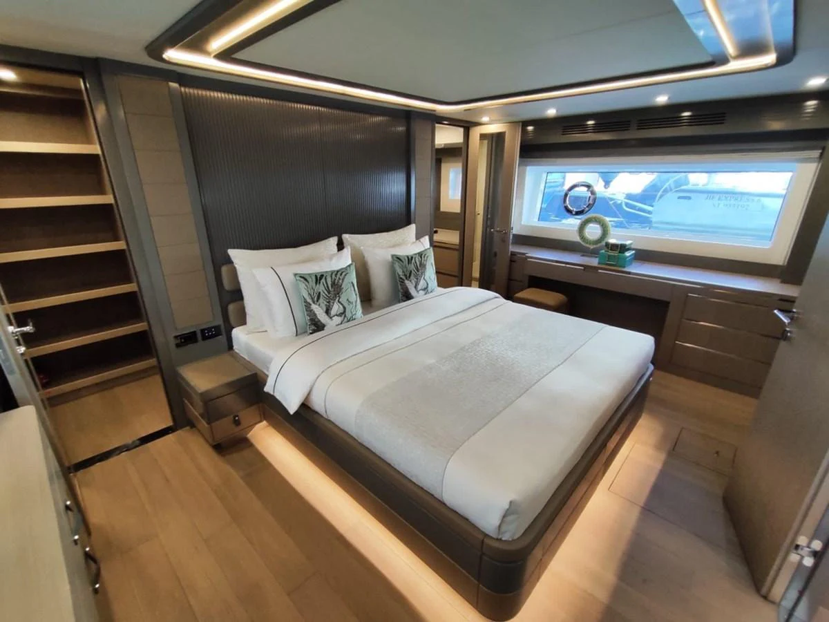 a bed in a room aboard ARGA Yacht for Sale