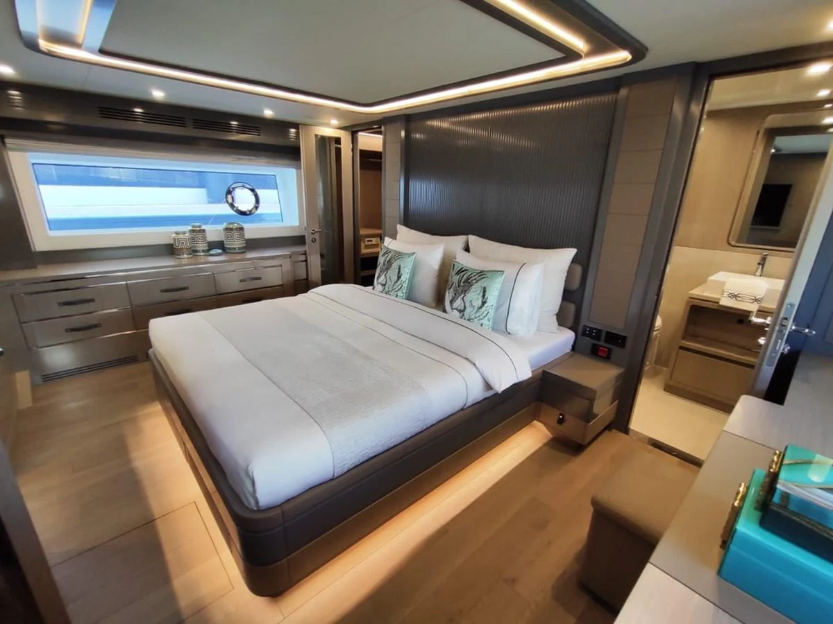 a bed in a room aboard ARGA Yacht for Sale