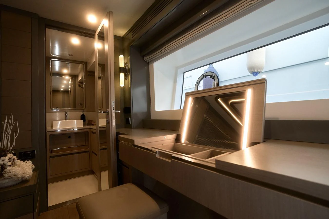 a bathroom with a large mirror aboard ARGA Yacht for Sale