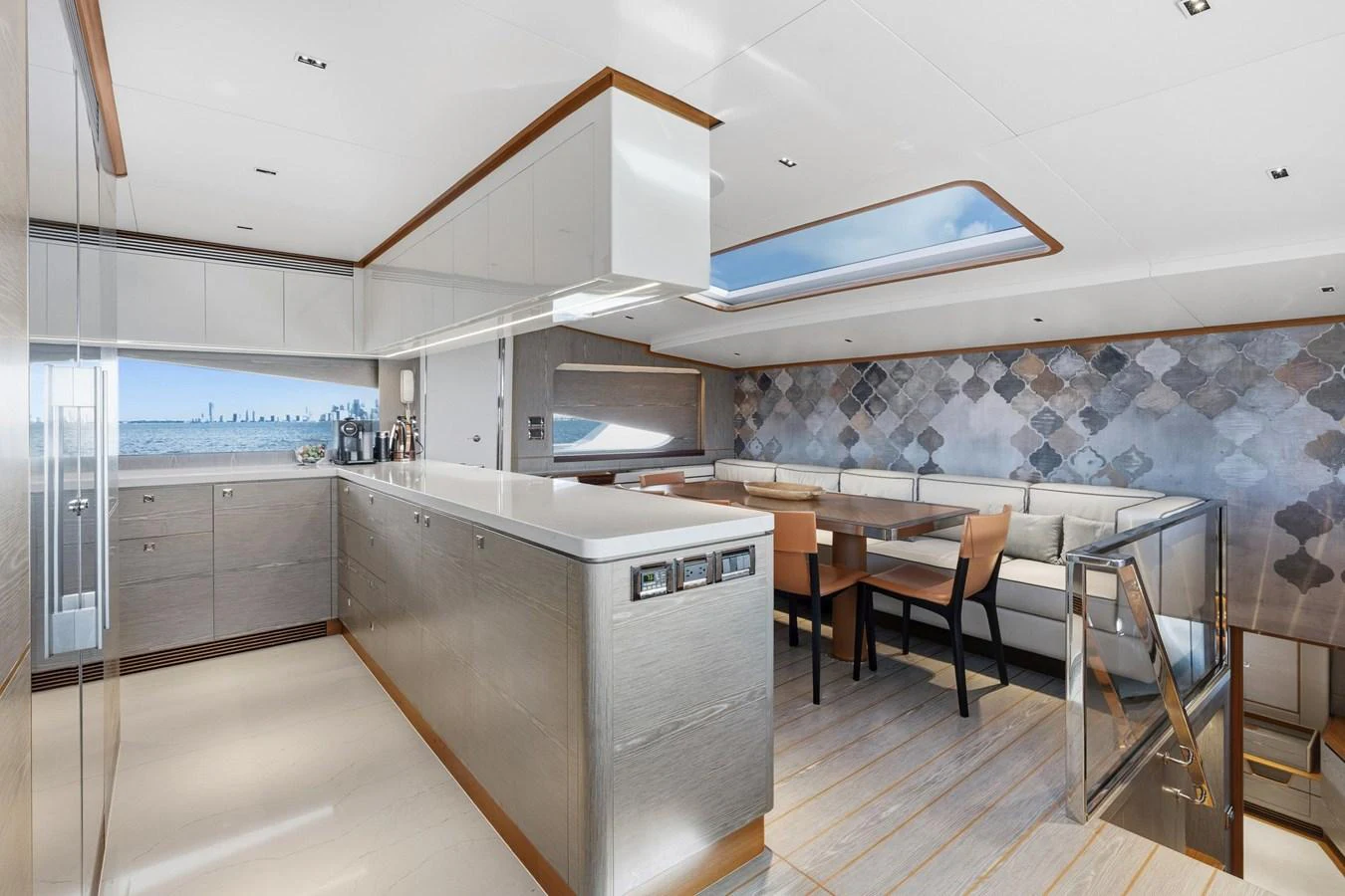 a kitchen with a large island aboard WILD DUCK Yacht for Sale