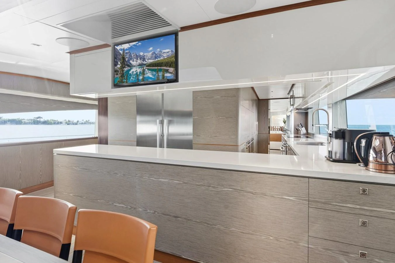 a kitchen with a large island aboard WILD DUCK Yacht for Sale
