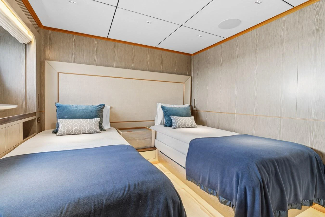 a couple of beds in a room aboard WILD DUCK Yacht for Sale