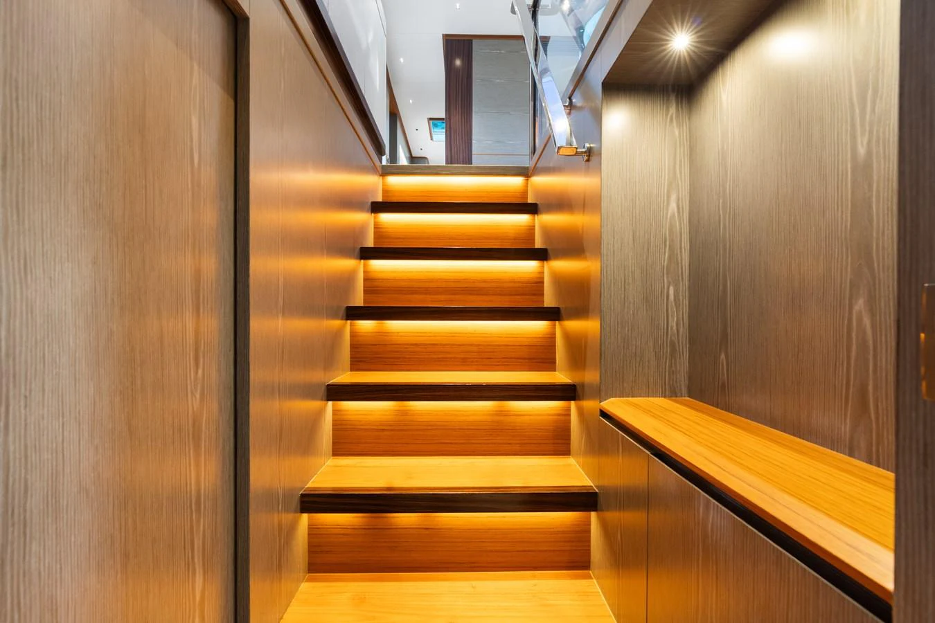 a set of wooden stairs aboard WILD DUCK Yacht for Sale