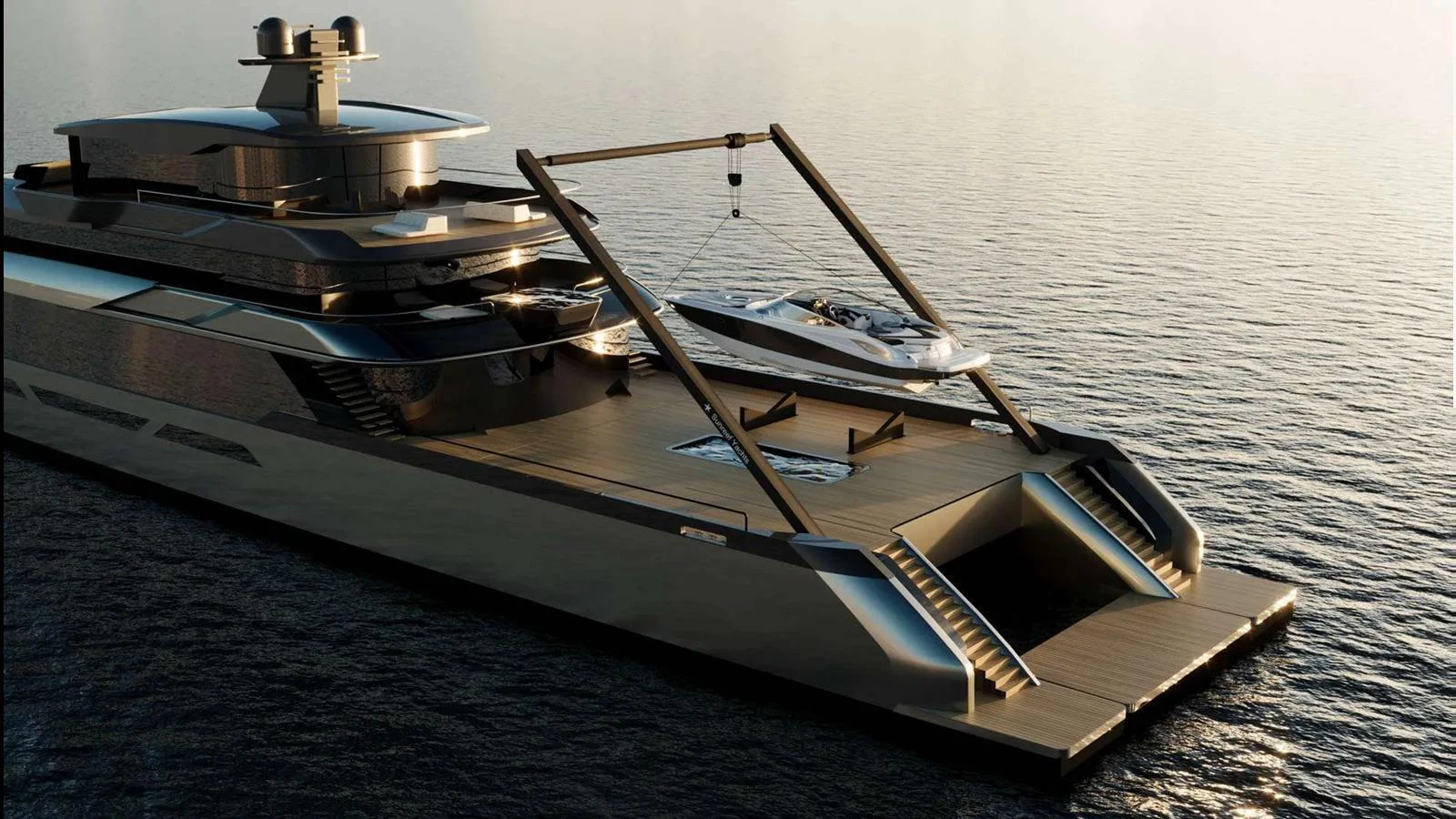 The yacht's aft deck features a sleek design with a tender being lowered into the water. aboard 65M SUNREEF EXPLORER Yacht for Sale