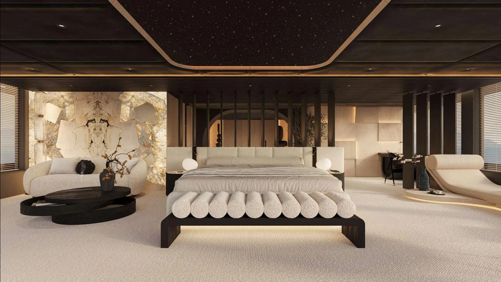 The master stateroom features luxurious furnishings and elegant design elements, creating a serene and opulent atmosphere. aboard 65M SUNREEF EXPLORER Yacht for Sale