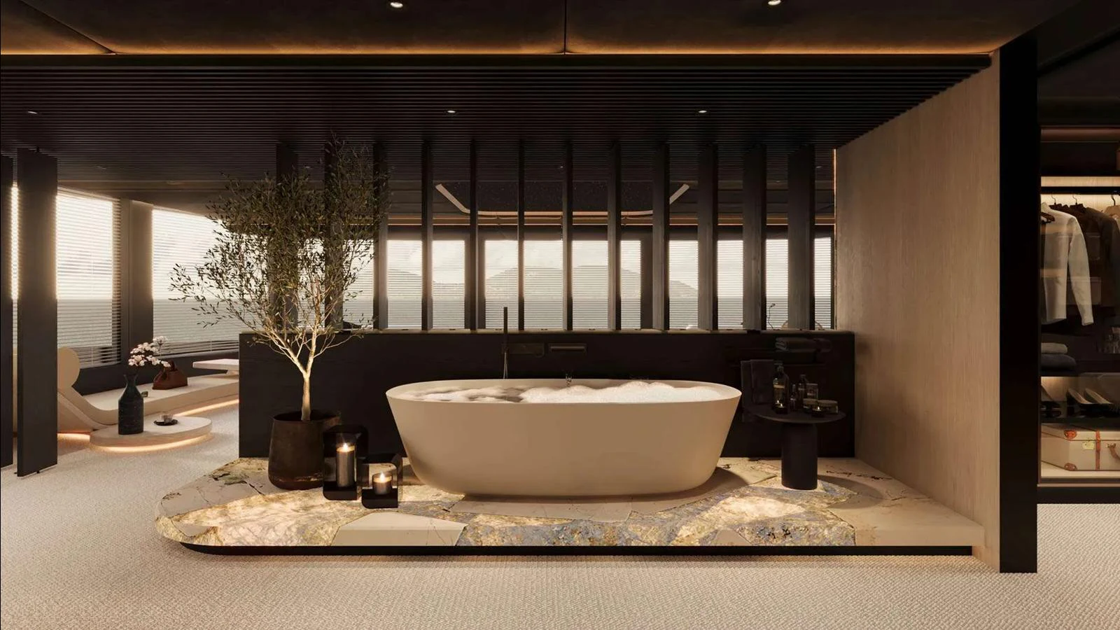 A luxurious bathroom with a freestanding bathtub and elegant decor. aboard 65M SUNREEF EXPLORER Yacht for Sale
