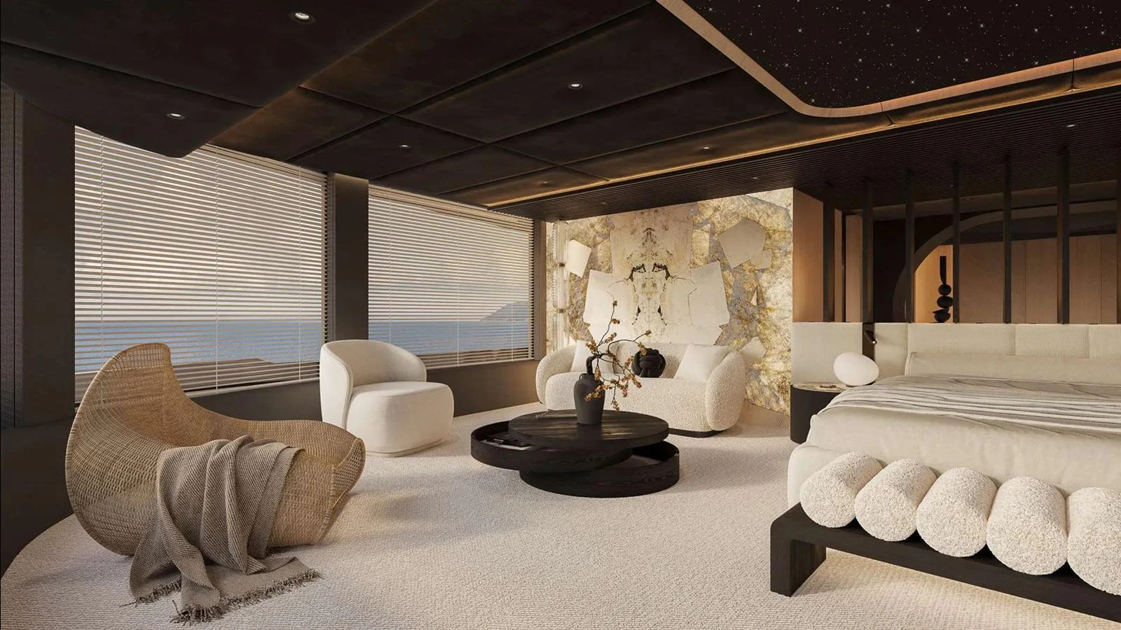 The master stateroom offers a luxurious and spacious retreat with elegant furnishings and panoramic views. aboard 65M SUNREEF EXPLORER Yacht for Sale