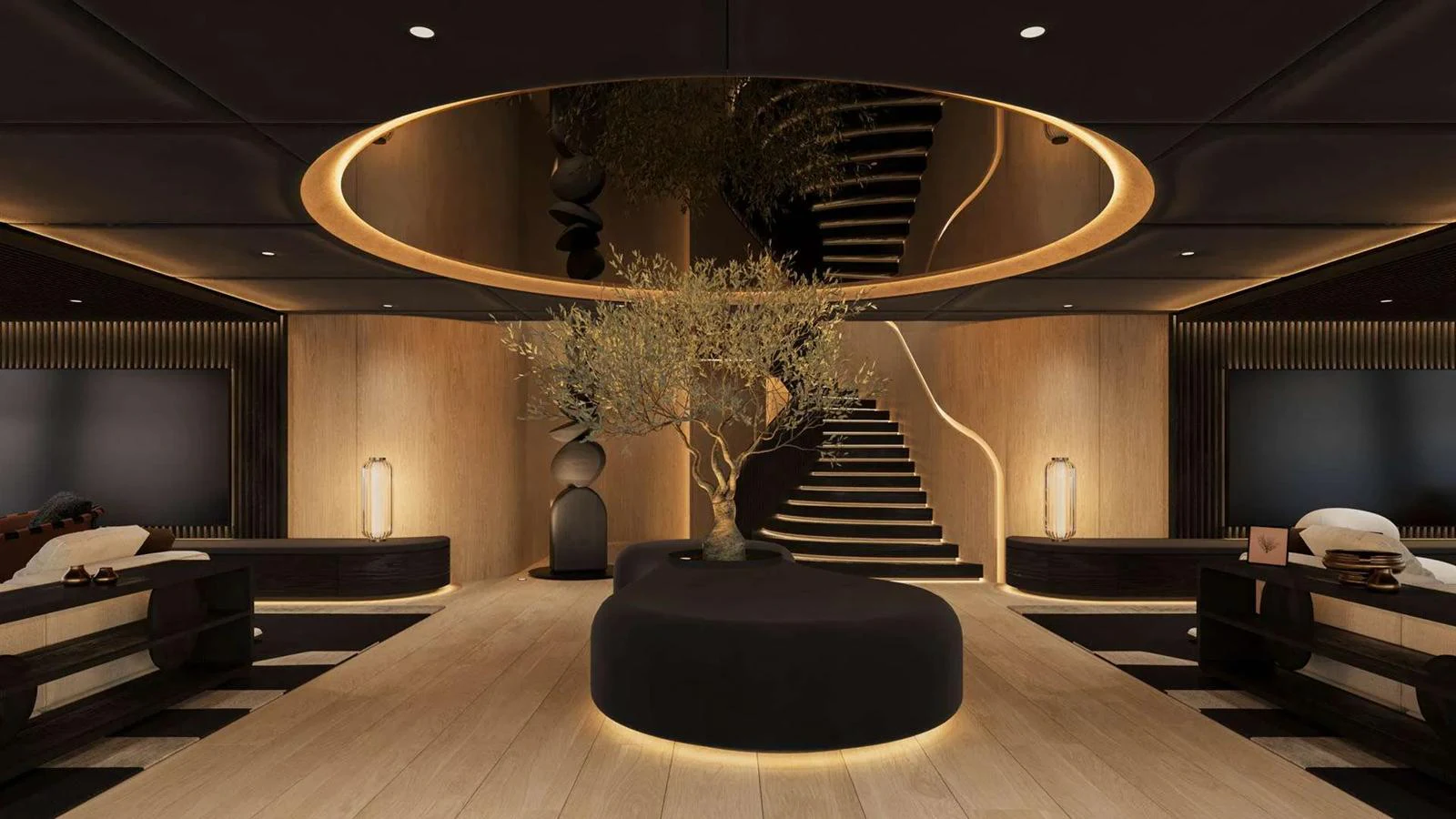 The luxurious interior features a central staircase with elegant lighting and modern decor. aboard 65M SUNREEF EXPLORER Yacht for Sale
