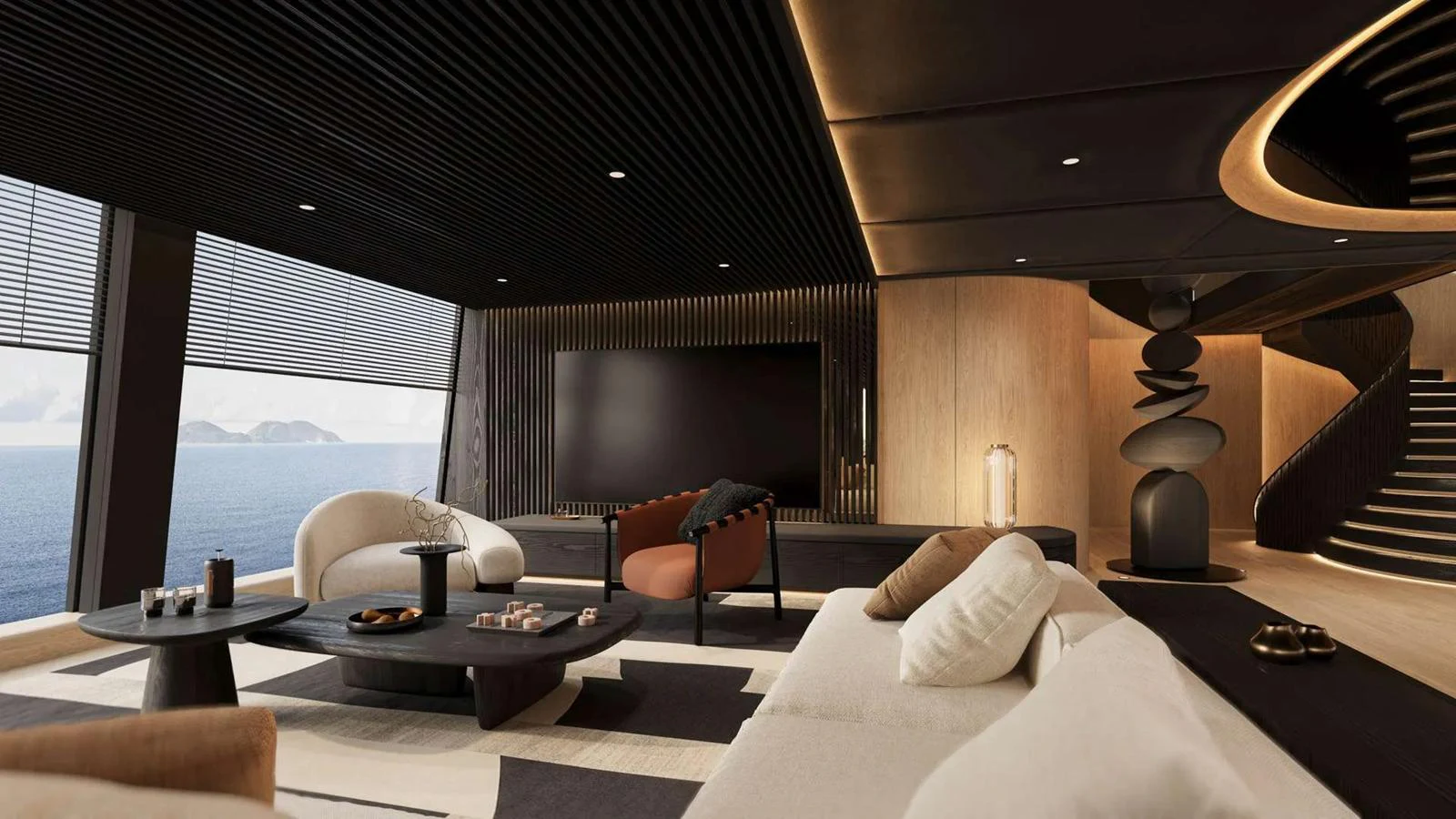 The yacht's salon features modern, luxurious furnishings with expansive ocean views. aboard 65M SUNREEF EXPLORER Yacht for Sale