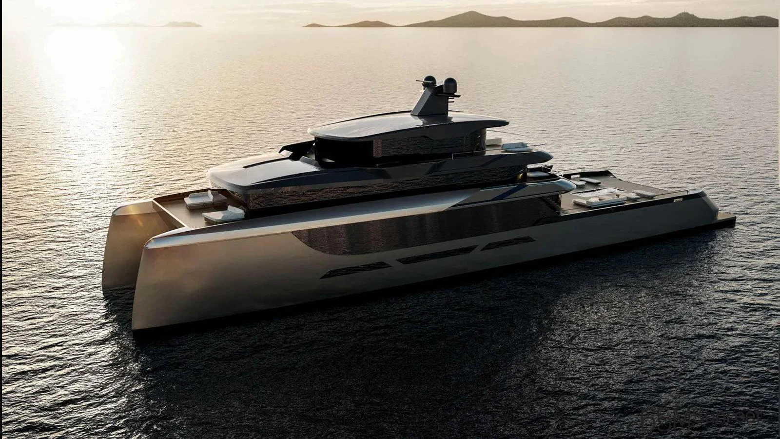 A sleek, modern yacht glides through calm waters at sunset, showcasing its innovative design. aboard 65M SUNREEF EXPLORER Yacht for Sale