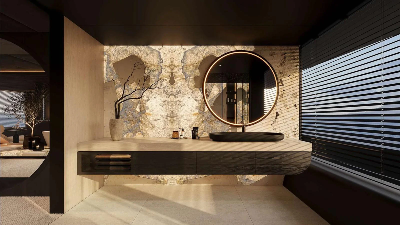 A luxurious yacht bathroom featuring a modern vanity with a round mirror and stylish decor. aboard 65M SUNREEF EXPLORER Yacht for Sale