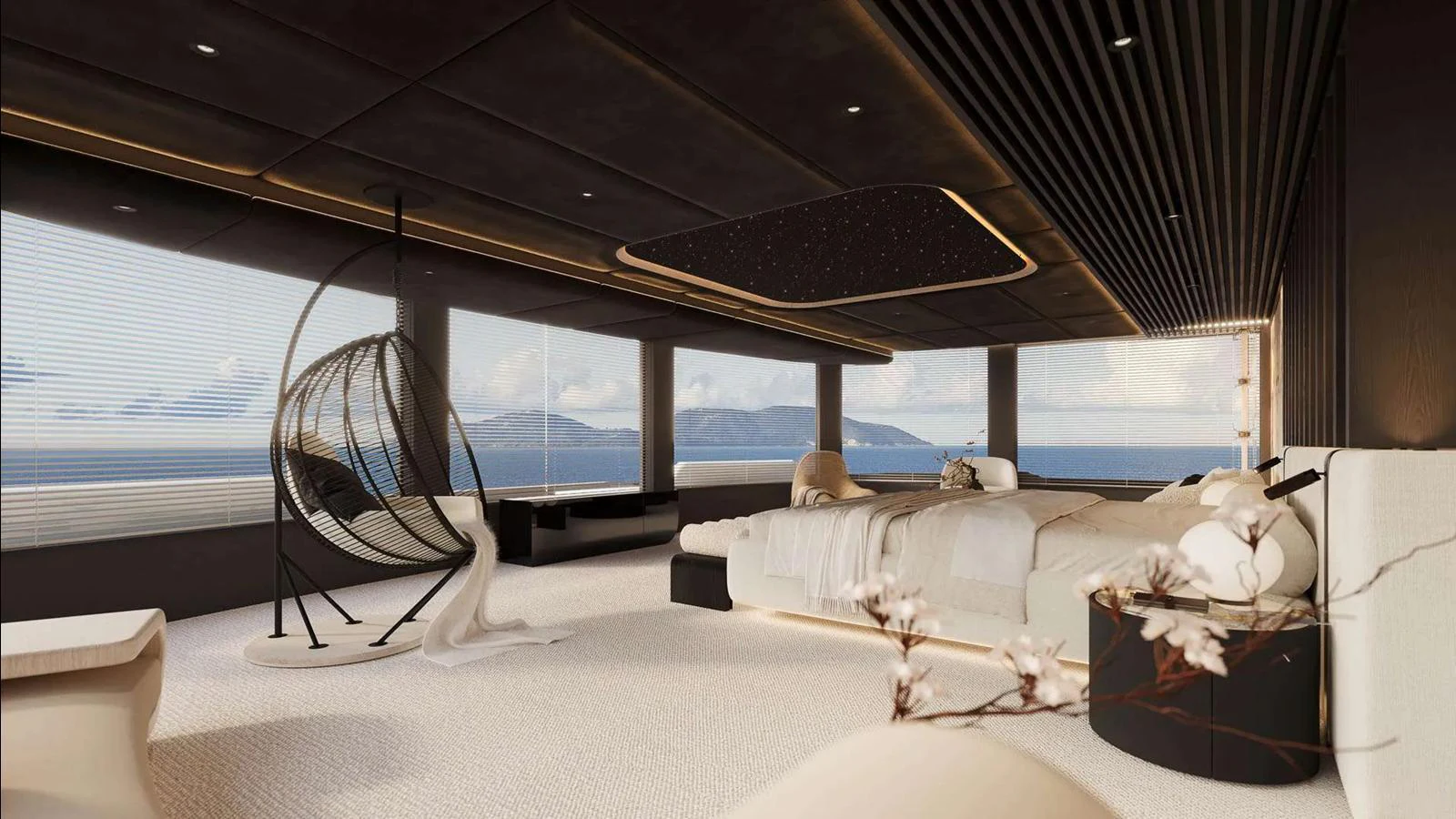 The master stateroom offers a luxurious and spacious retreat with panoramic ocean views. aboard 65M SUNREEF EXPLORER Yacht for Sale