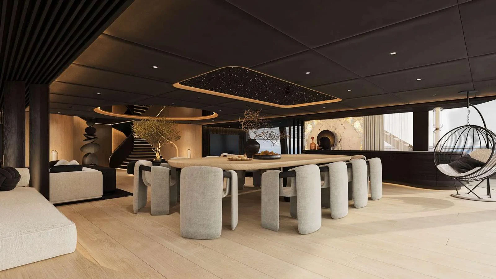 The yacht's dining area features a modern and elegant design with ample seating and sophisticated decor. aboard 65M SUNREEF EXPLORER Yacht for Sale