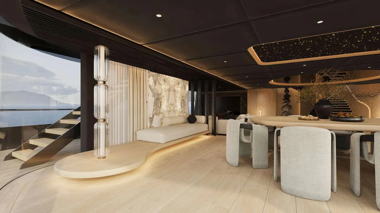 The yacht's interior features a luxurious and modern open-plan living and dining area with elegant decor. aboard 65M SUNREEF EXPLORER Yacht for Sale