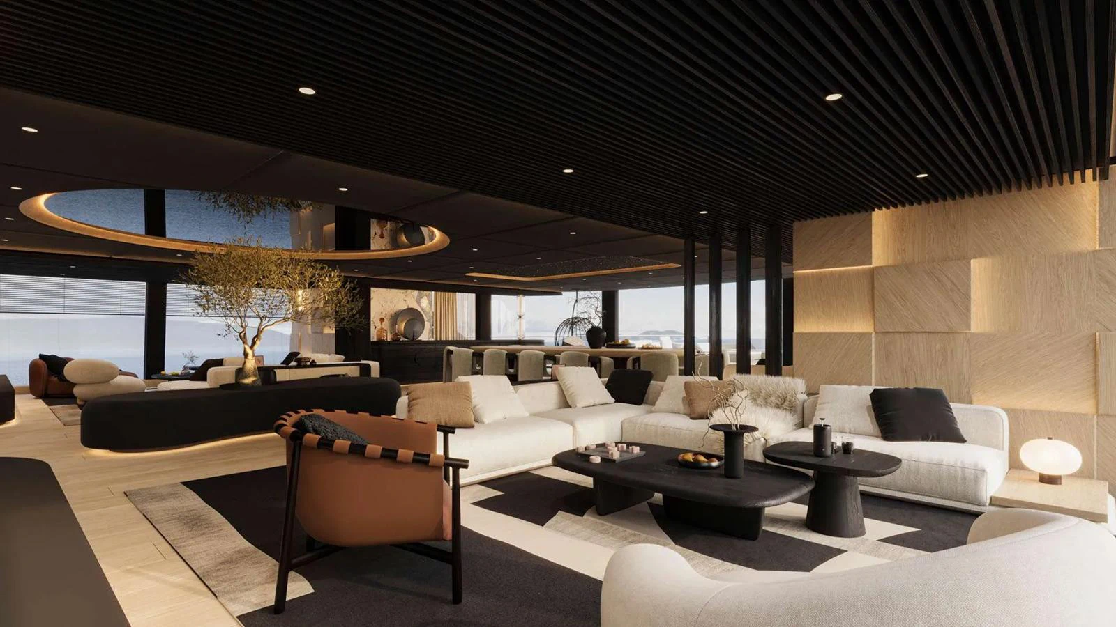 The salon offers a luxurious and spacious seating area with modern furnishings and elegant lighting. aboard 65M SUNREEF EXPLORER Yacht for Sale