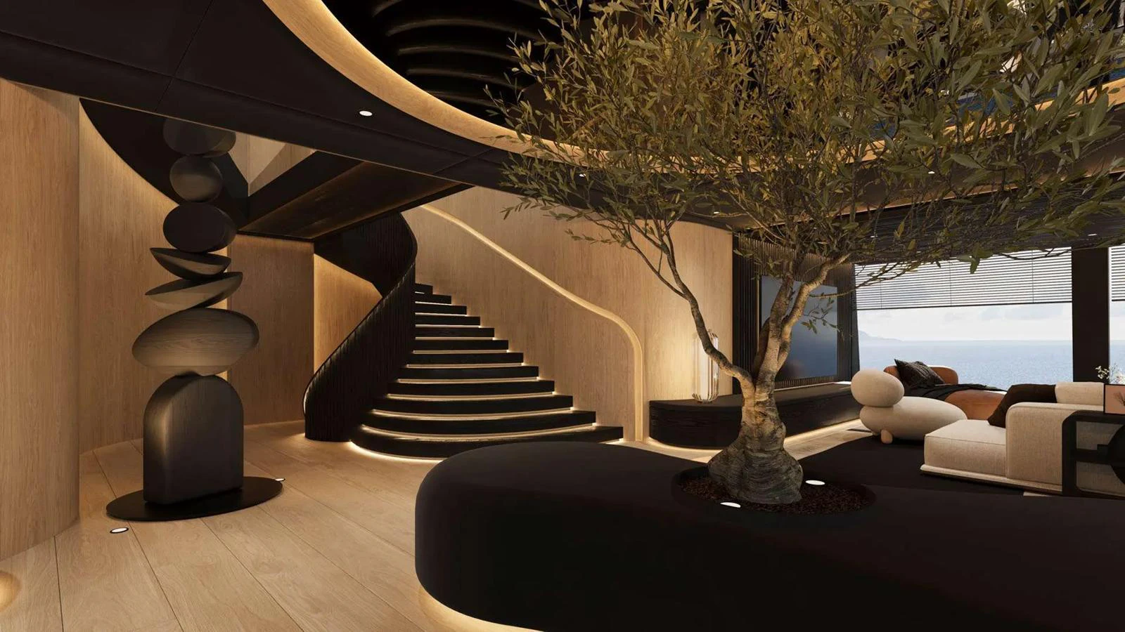 The main salon features a modern design with a striking staircase and a central tree, creating a serene and luxurious atmosphere. aboard 65M SUNREEF EXPLORER Yacht for Sale