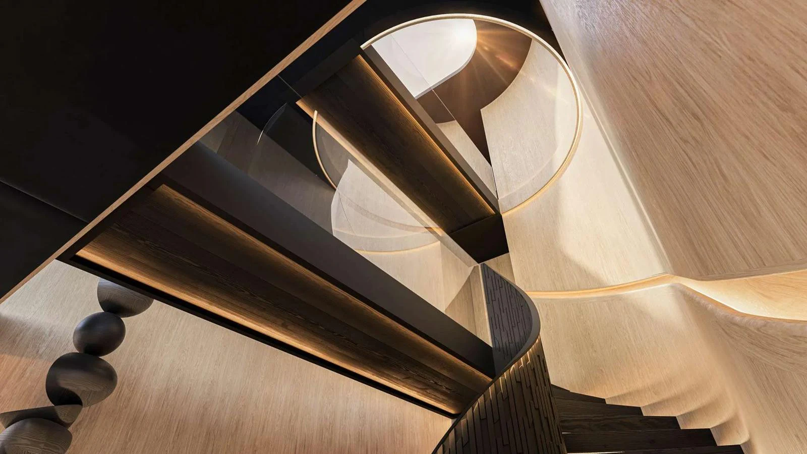 A stunning modern staircase with elegant lighting and sleek design elements. aboard 65M SUNREEF EXPLORER Yacht for Sale