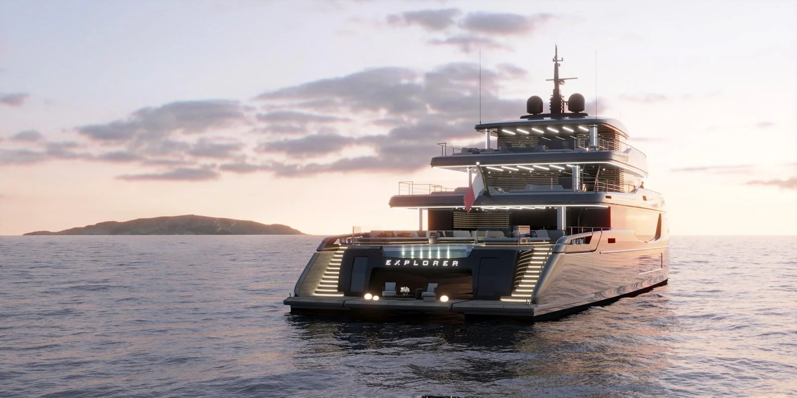 A luxurious yacht is anchored at sea during a serene sunset, showcasing its elegant design and spacious decks. aboard 45M SUNREEF EXPLORER Yacht for Sale