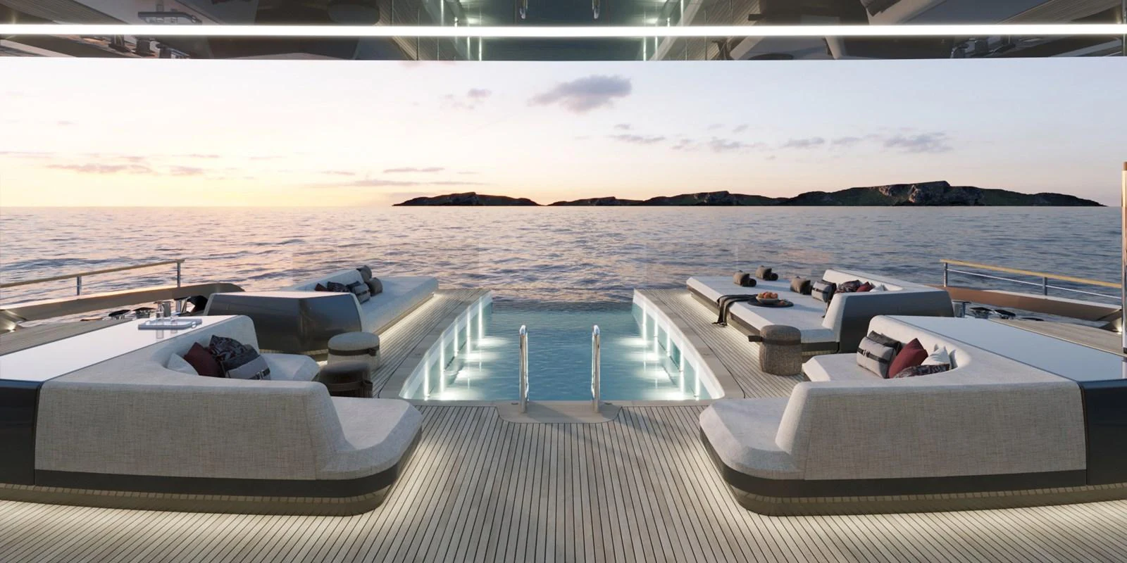 The aft deck features luxurious lounging areas and a stunning infinity pool overlooking the serene ocean. aboard 45M SUNREEF EXPLORER Yacht for Sale