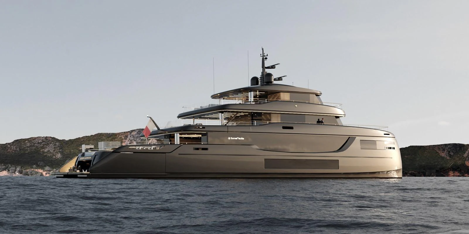 A sleek and modern yacht glides gracefully on calm waters with a scenic backdrop. aboard 45M SUNREEF EXPLORER Yacht for Sale