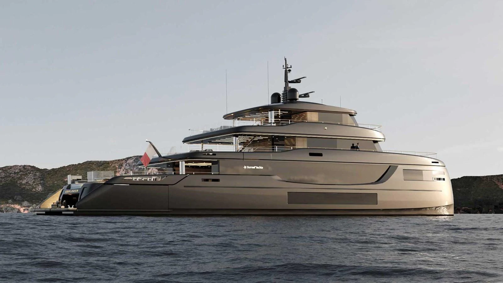 A sleek and modern yacht cruising on calm waters with a scenic backdrop. aboard 45M SUNREEF EXPLORER Yacht for Sale