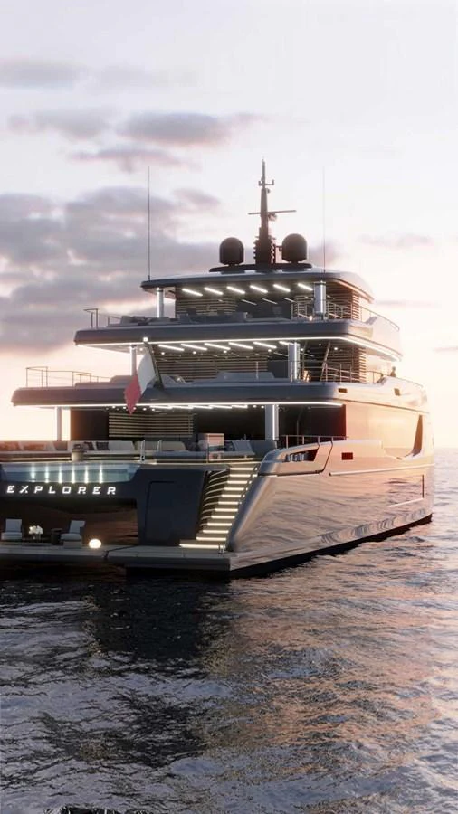 A luxurious yacht is seen from the stern, showcasing its sleek design and multiple decks at sunset. aboard 45M SUNREEF EXPLORER Yacht for Sale