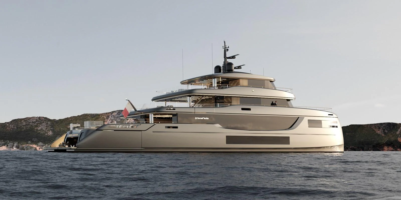 A sleek and modern yacht cruising on calm waters with a scenic backdrop. aboard 45M SUNREEF EXPLORER Yacht for Sale
