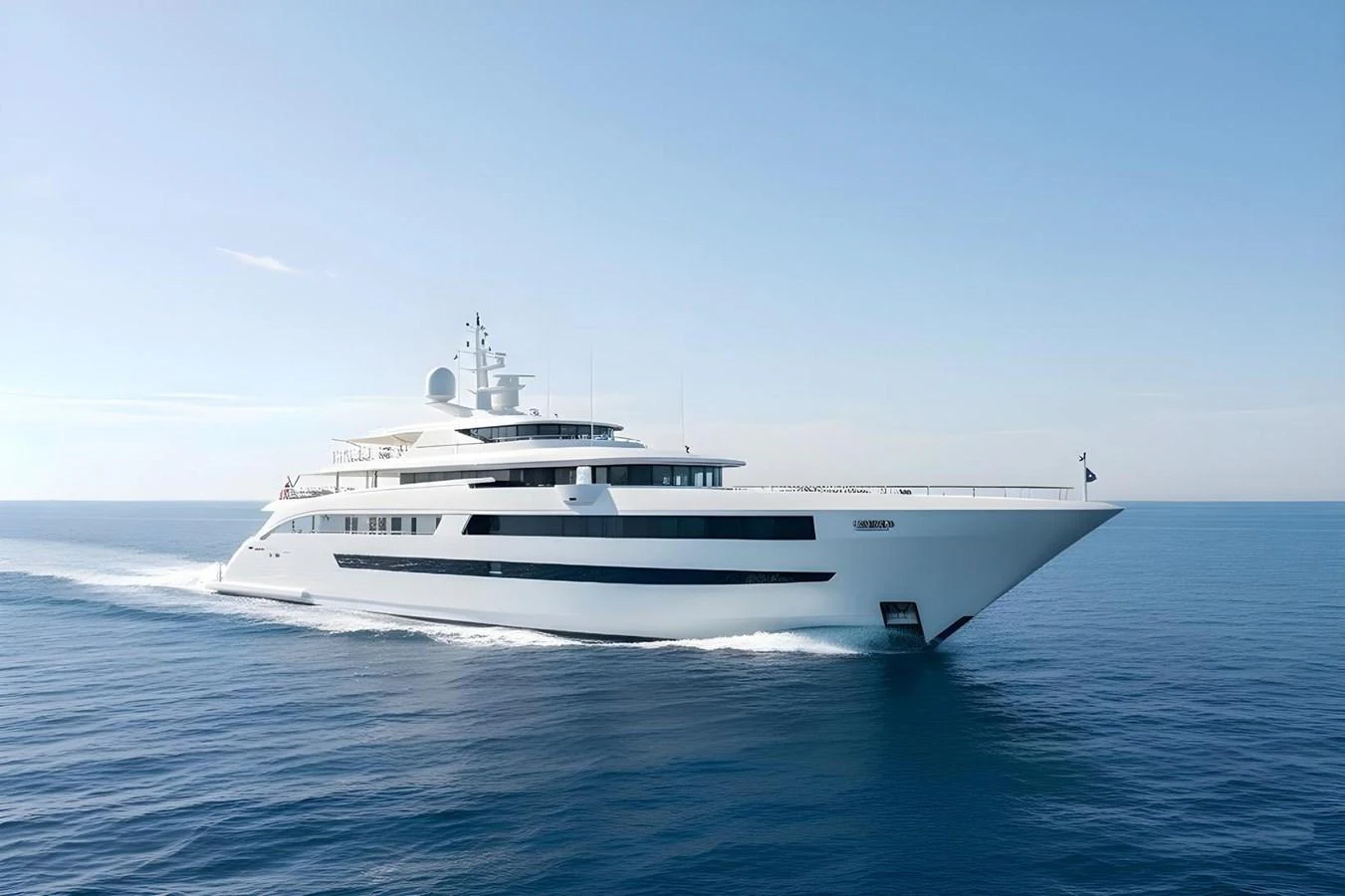 A sleek and modern yacht glides across the calm blue waters under a clear sky. aboard OSKAR ONE Yacht for Sale