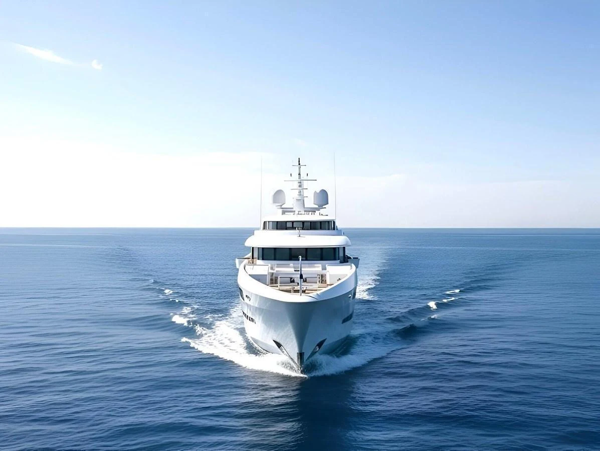 A luxurious yacht cruises forward on the open sea, showcasing its sleek design and modern features. aboard OSKAR ONE Yacht for Sale