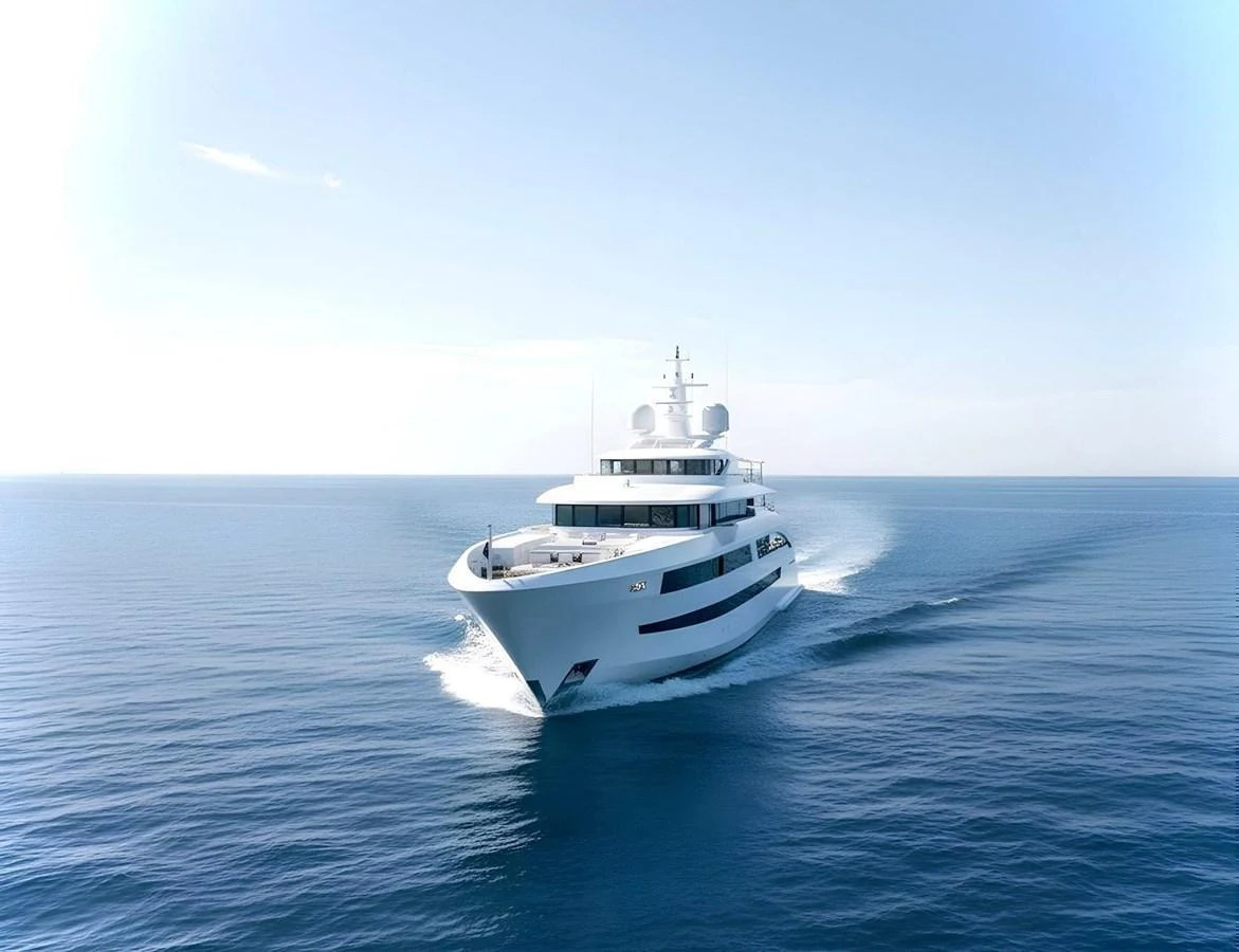 A sleek and modern yacht cruising through calm blue waters under a clear sky. aboard OSKAR ONE Yacht for Sale