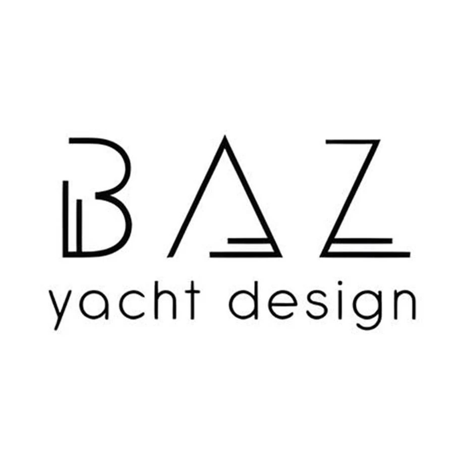 A minimalist logo for BAZ yacht design, featuring clean lines and modern typography. aboard OSKAR ONE Yacht for Sale