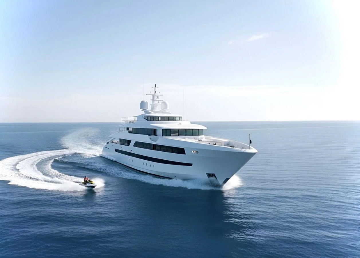 A sleek, modern yacht cruising on calm waters with a jet ski trailing behind. aboard OSKAR ONE Yacht for Sale