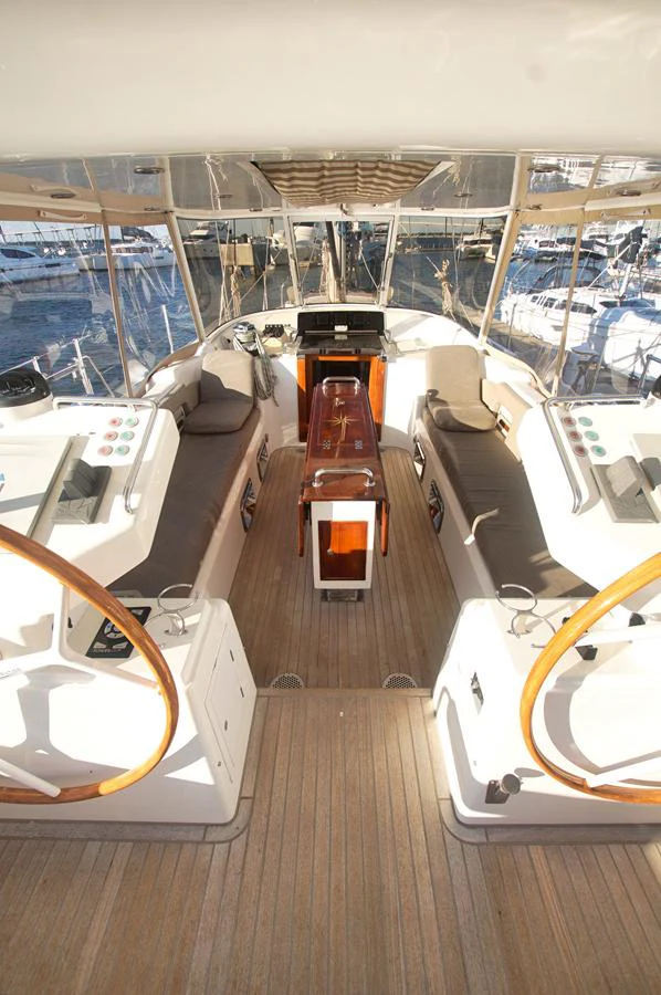 The helm area features dual steering wheels and a sleek, modern design with ample seating. aboard RAGNAR Yacht for Sale