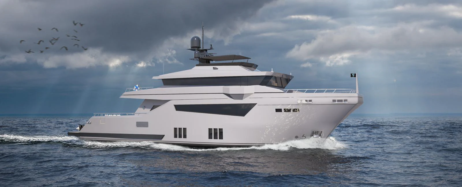 a white ship in the water aboard BRIZO 110 EXPLORER Yacht for Sale