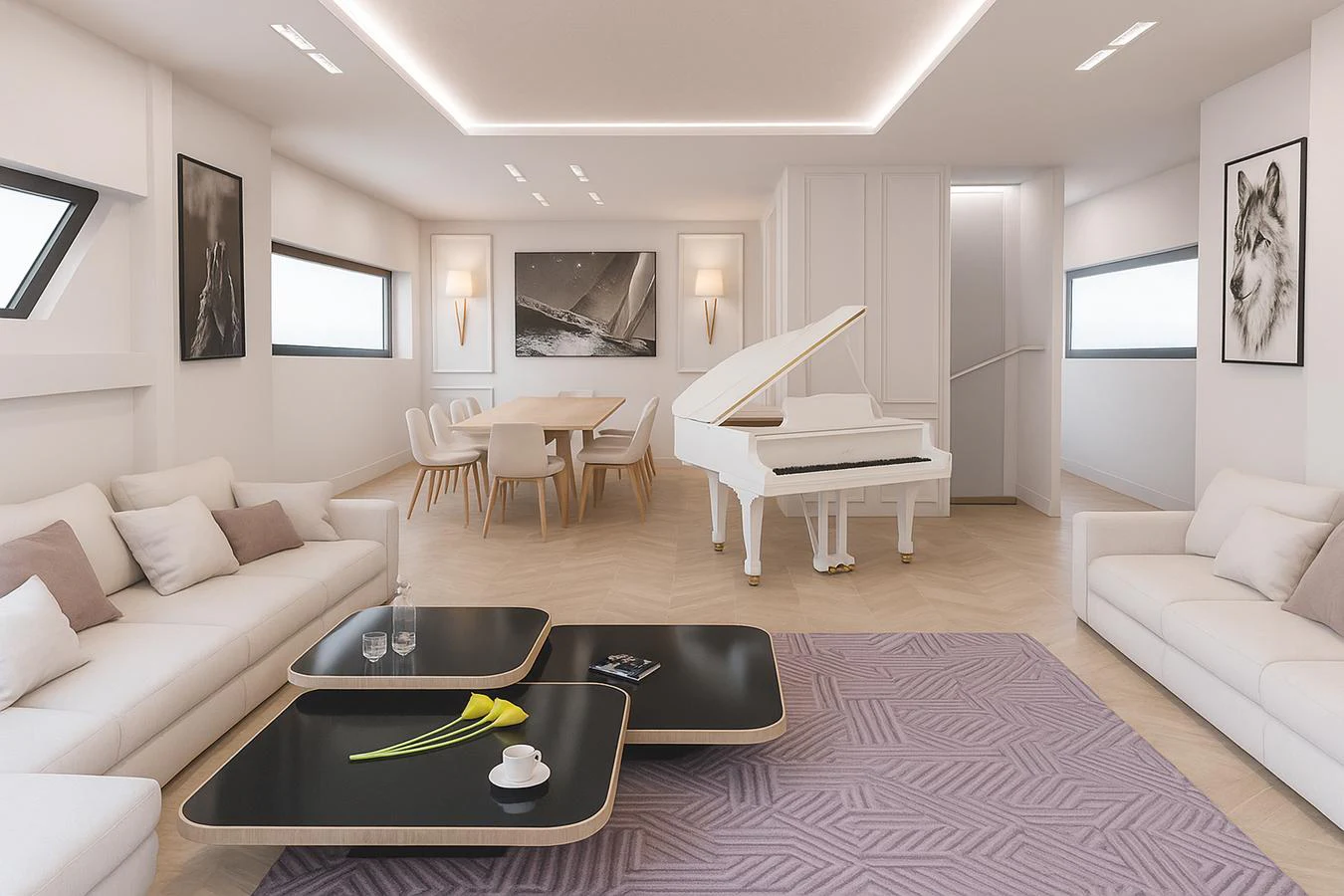 a living room with a couch and a coffee table aboard BRIZO 110 EXPLORER Yacht for Sale
