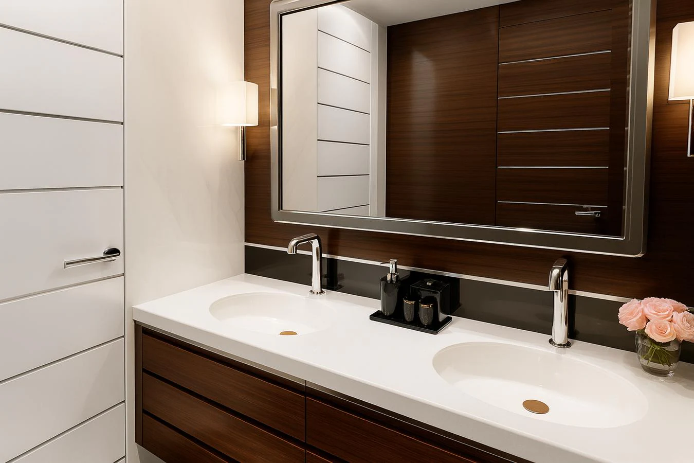 a bathroom with a mirror and a sink aboard BRIZO 110 EXPLORER Yacht for Sale