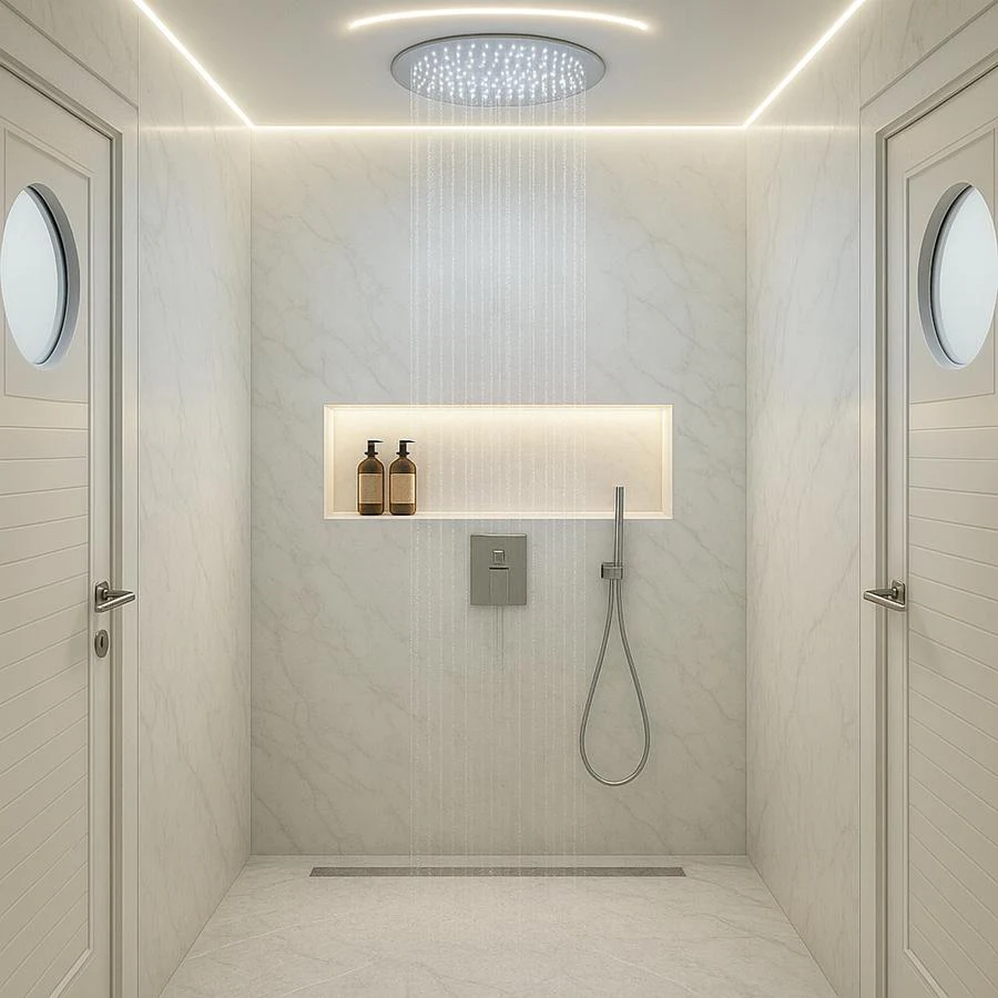 a bathroom with a light on the wall aboard BRIZO 110 EXPLORER Yacht for Sale