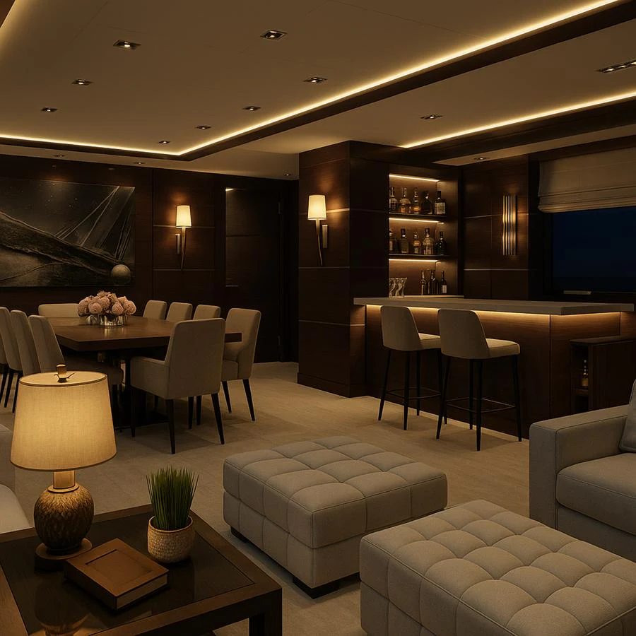 a room with a table chairs and a couch aboard BRIZO 110 EXPLORER Yacht for Sale