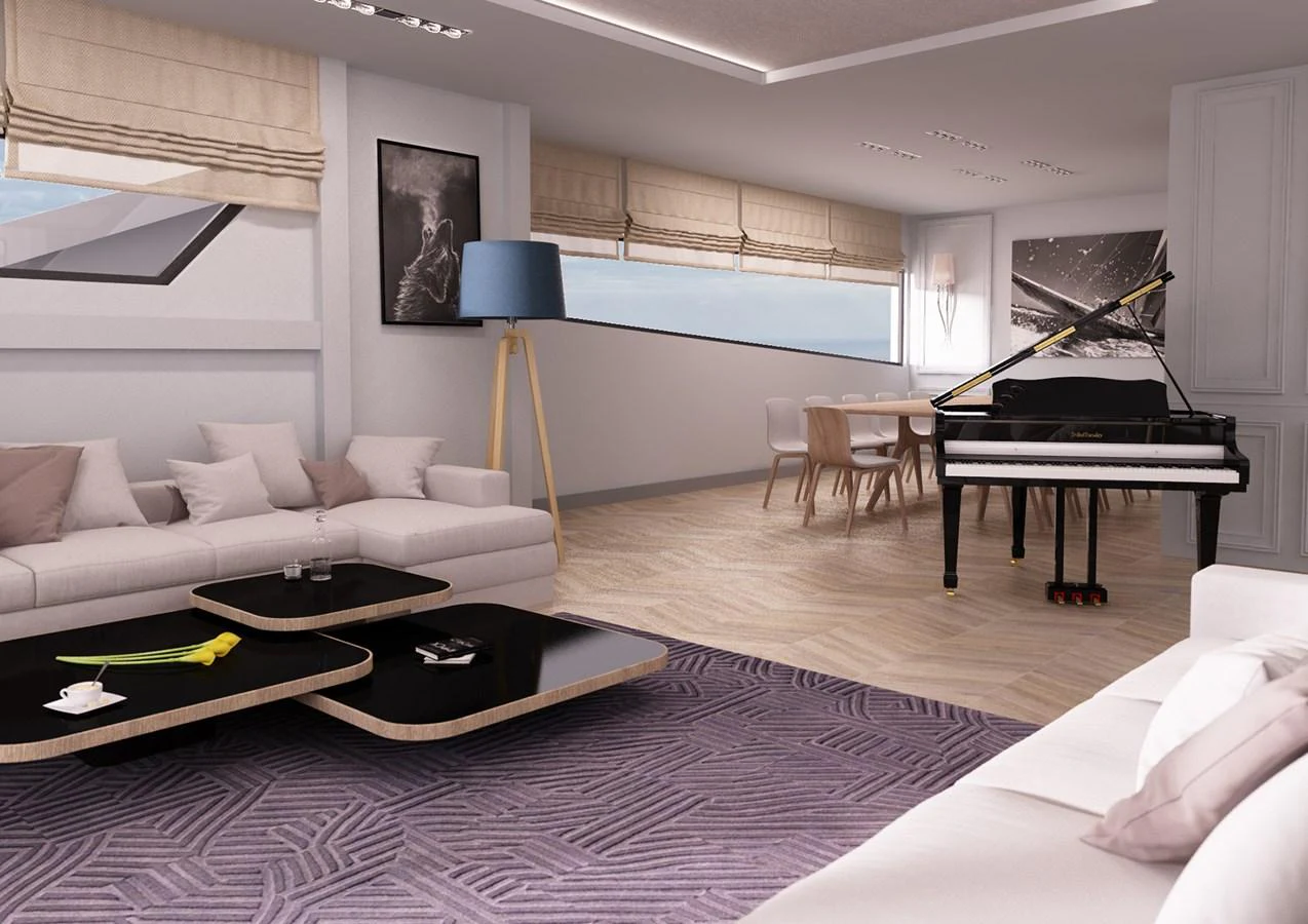 a living room with a piano aboard BRIZO 110 EXPLORER Yacht for Sale